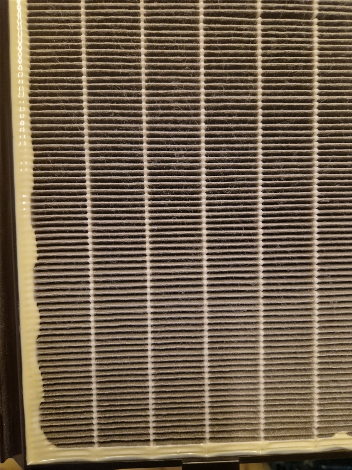 Faltenfilter einer Wohnraumlüftung mit sichtbaren Staub- und Faserablagerungen zwischen den Filterfalten.